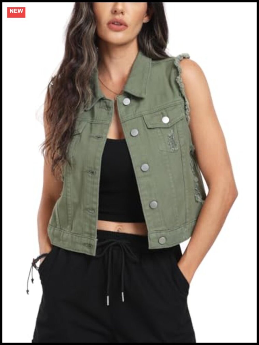 Women's Ripped Denim Vest Cropped Distressed Sleeveless Jean Jacket with Flap